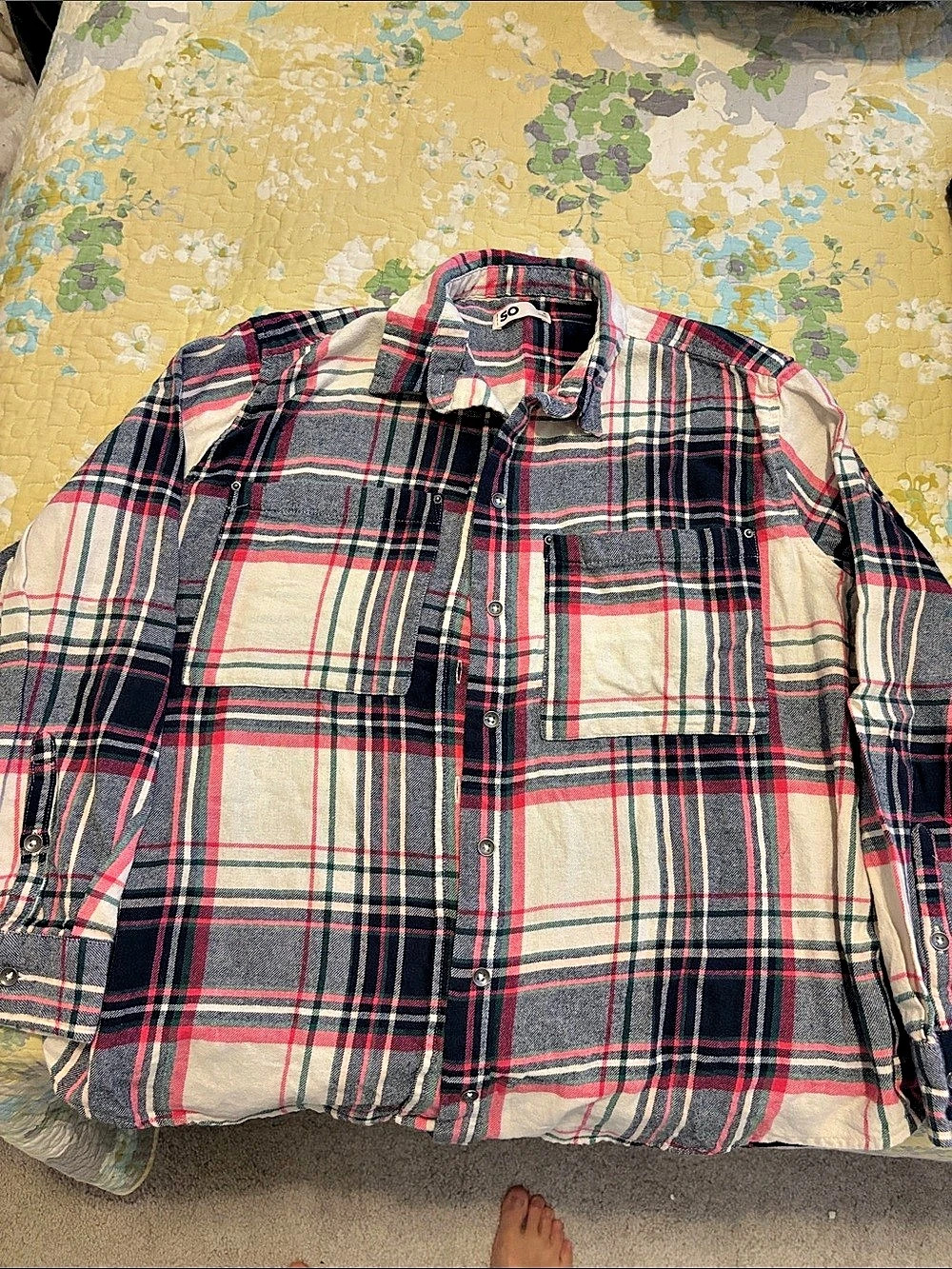 SO Plaid Button Down in Beige & Pink